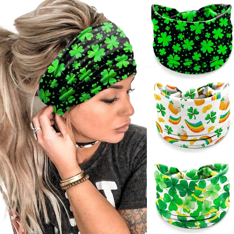 Wholesale St. Patrick's Day Printed Irish Shamrock Elastic Hairband Wide Bandana