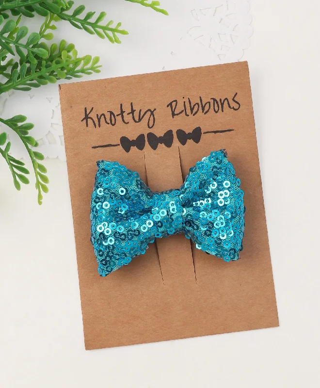 Sequin Party Bow Alligator Clip - Blue