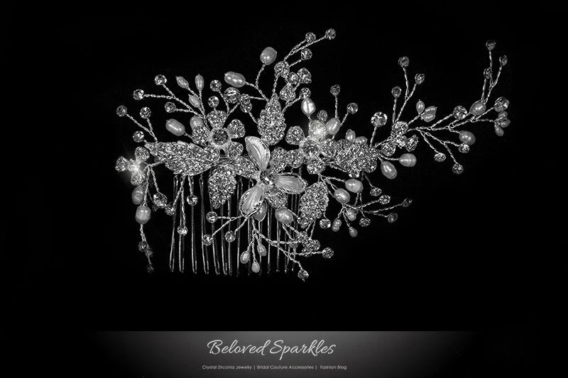 Vicky Floral Spray White Pearl Hair Comb | Pearl | Swarovski Crystal