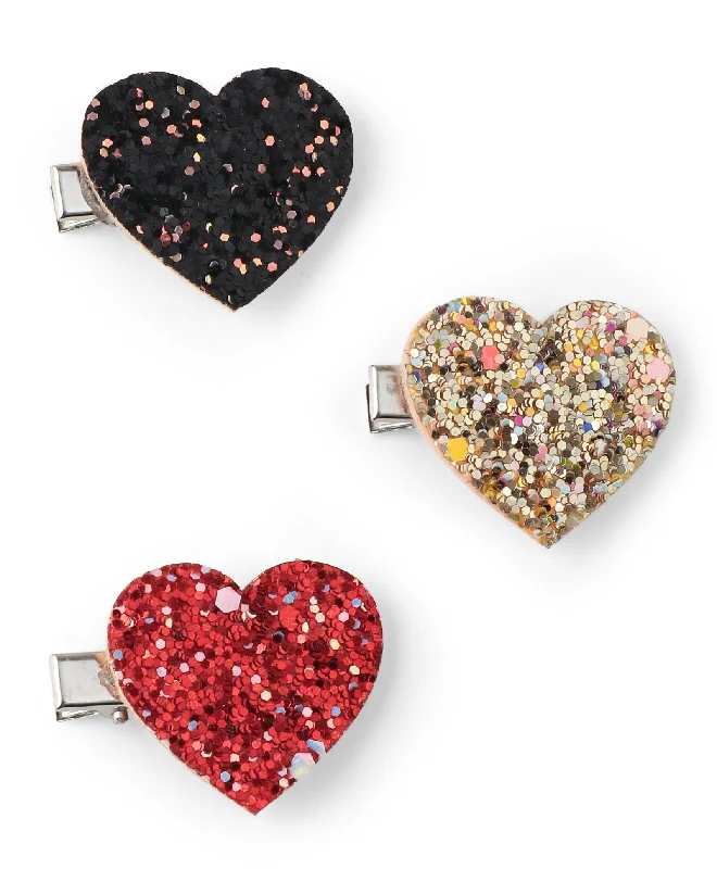 Glitter Heart Alligator Clip Set - Black, Golden & Red