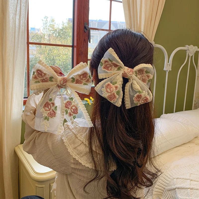 Wholesale Fabric Embroidery Oversized Bow Hair Clips