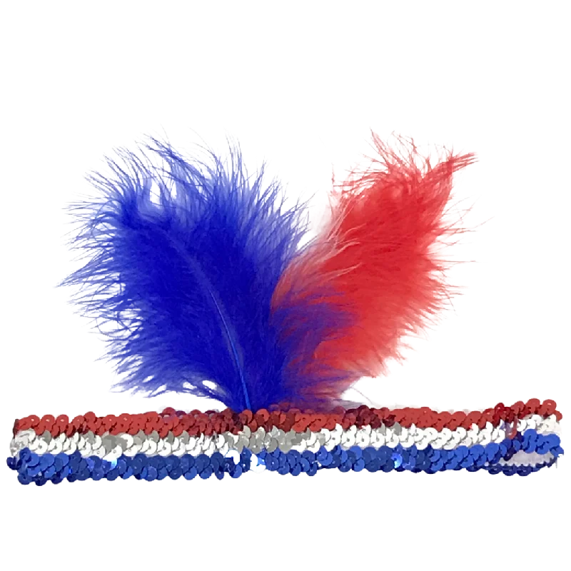 Red, Blue and Silver Sequin Headband with Red, Blue and White Feathers (Each)