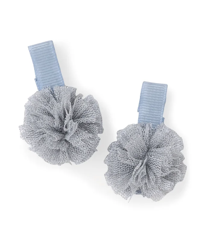 Mini Pom Pom Alligator Clip Set - Light Blue & Silver