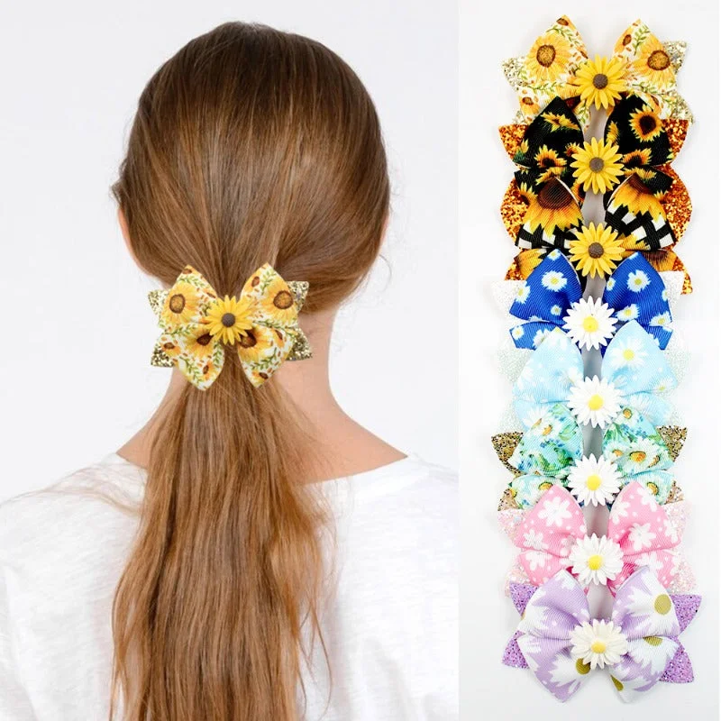 Wholesale 5pcs Shiny Boutique Bow Daisy Sunflower Print Hair Clip