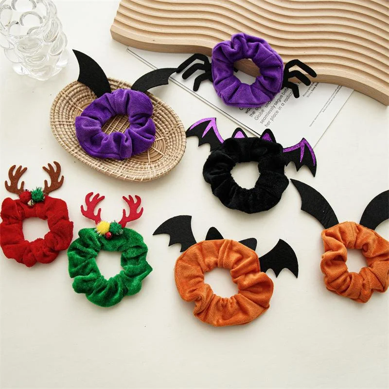 Wholesale Halloween Deer Horn Bat Funny Fleece Hair Scrunchies