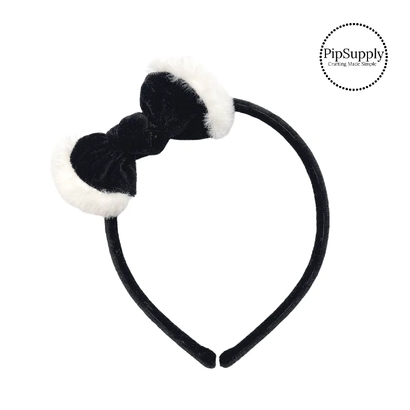 Black Winter Fur Trimmed Velvet Knotted Bow Headband