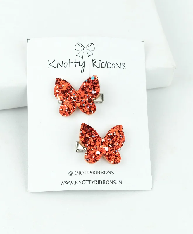 Glitter Butterfly Hair Clips - Red