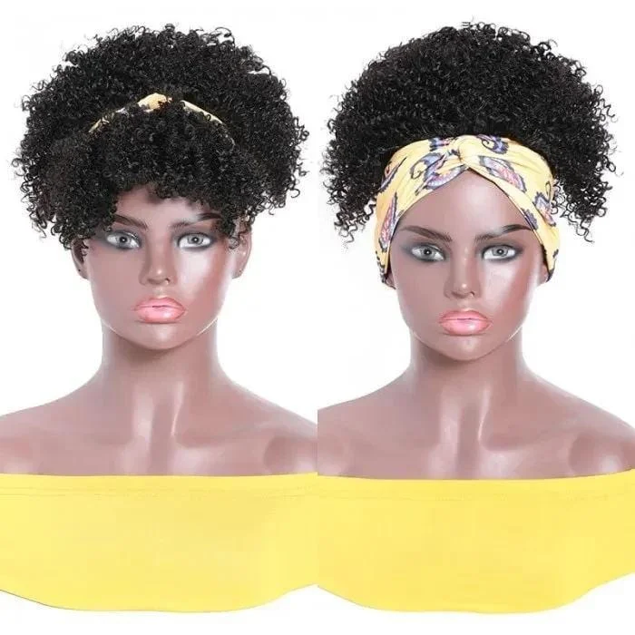 Klaiyi Short Kinky Curly Glueless Headband Wigs Puff Head-Wrap Wigs with Removable Bangs Human Hair Wigs