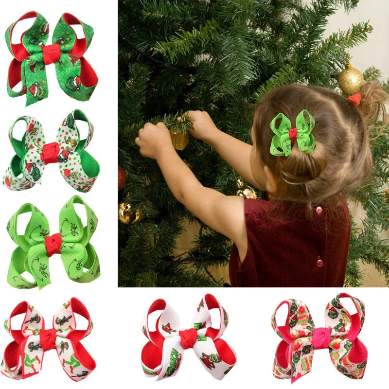 Wholesale 5pcs Children's Green Monster Double-layer Bow Girl Christmas Hairpin